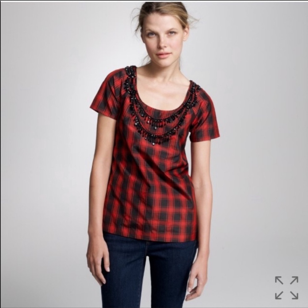J.Crew Eliza Silk Plaid Beaded Necklace Top
